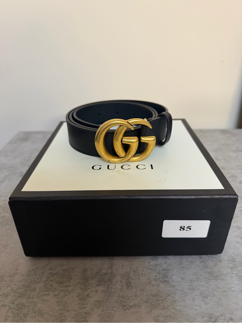 Gucci Black Leather Belt with Gold Double G Buckle sz 85